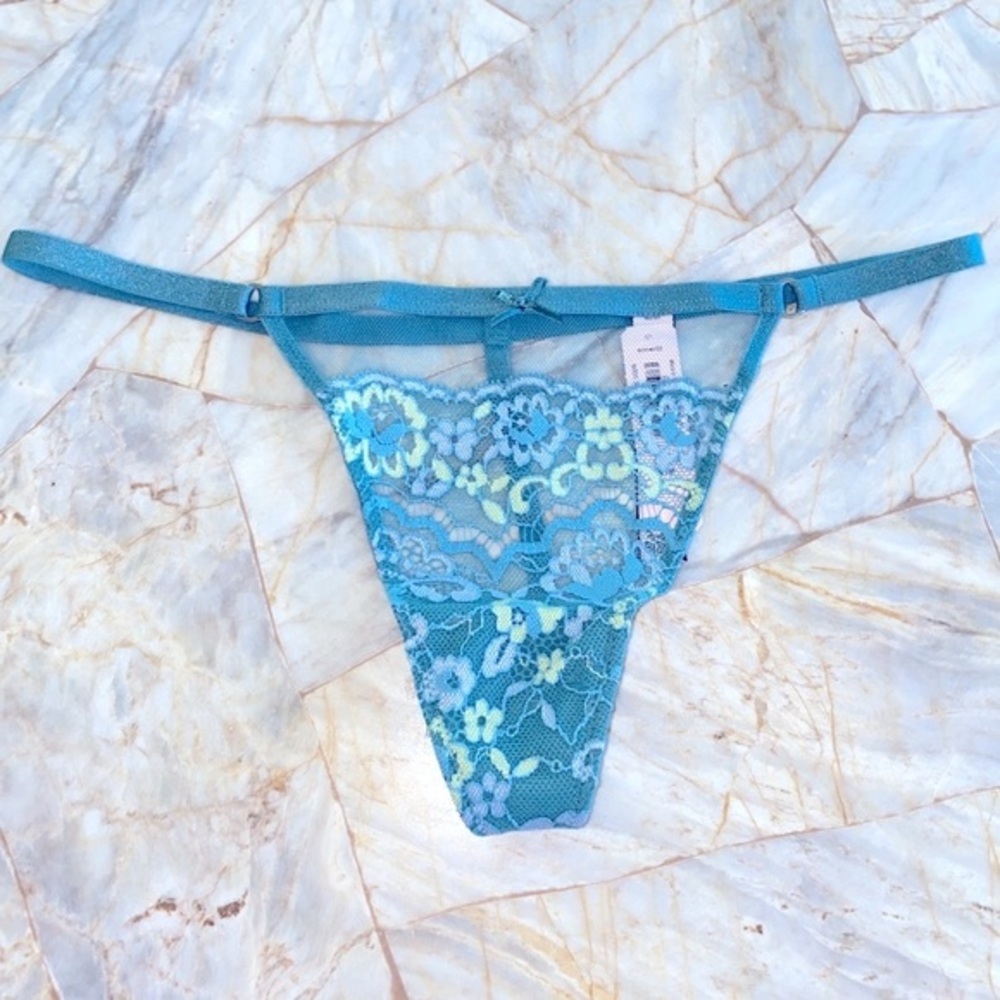 VS DREAM ANGELS Floral Lace V-String Panty Thong Blue Floral New Small